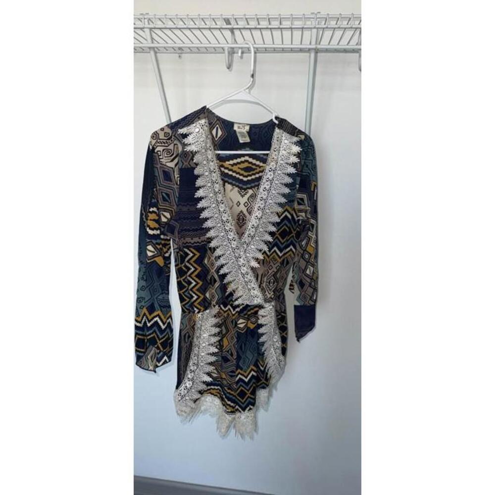 Blue S Geometric Tribal Print Lace Trim Romper Medium vintage‎
